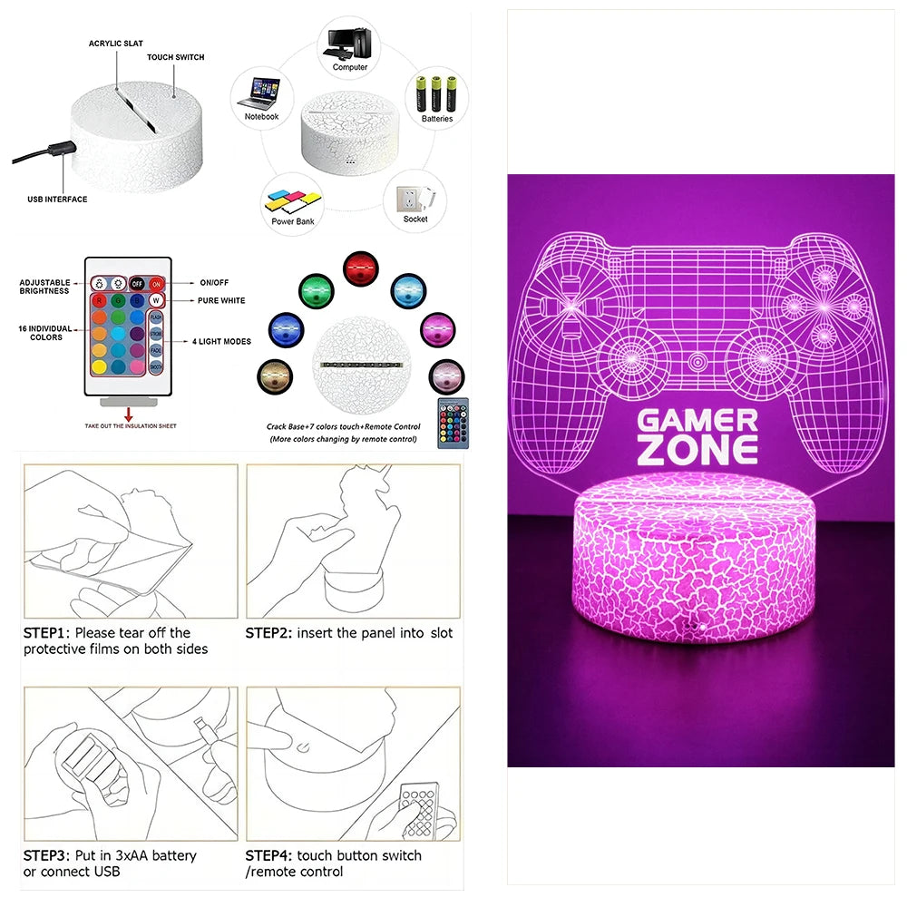 Neón LED GAMER 3D Night · Iluminación Setup Gaming 20cm