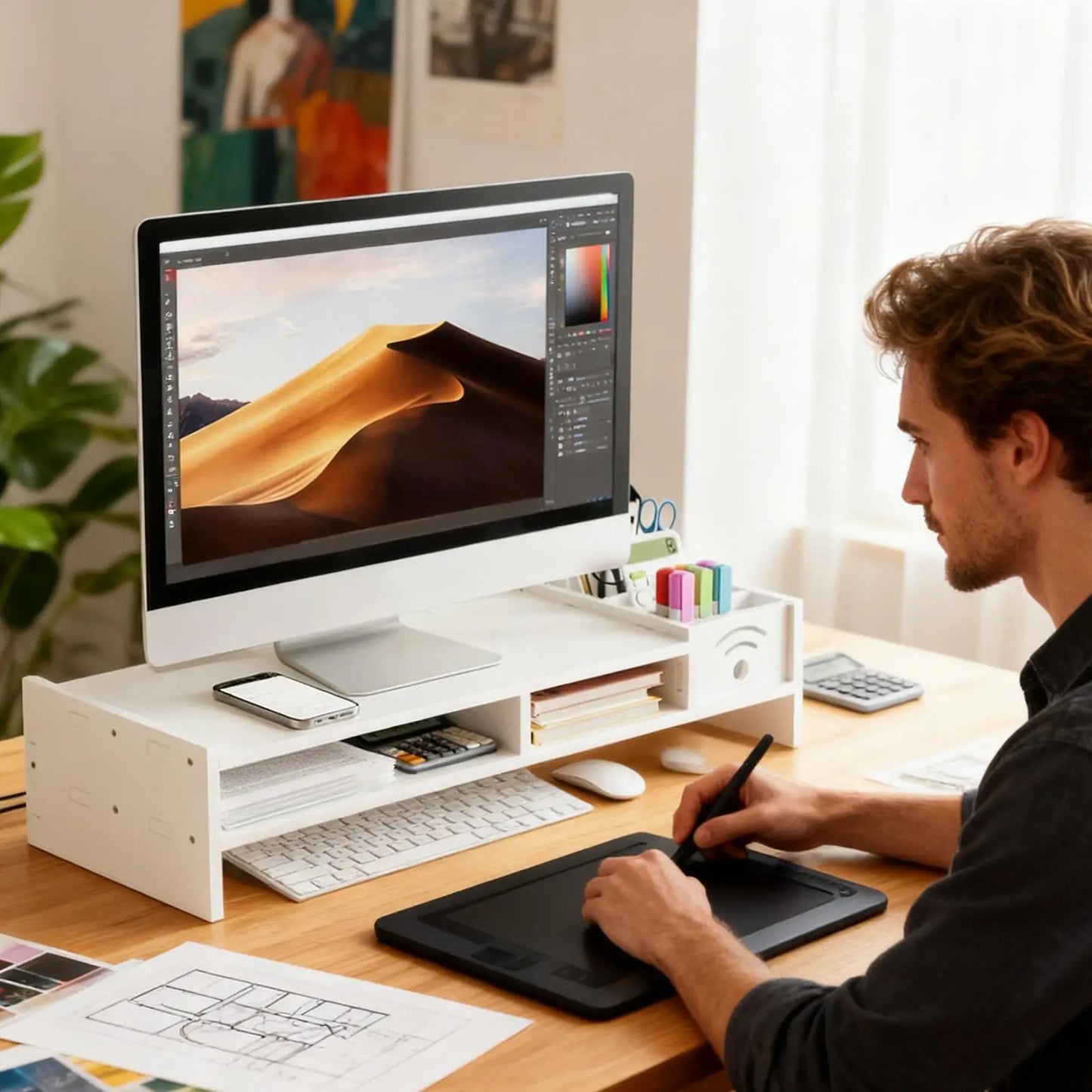 Soporte Elevador de Monitor de 2 Niveles con Almacenamiento - Organizador de Escritorio