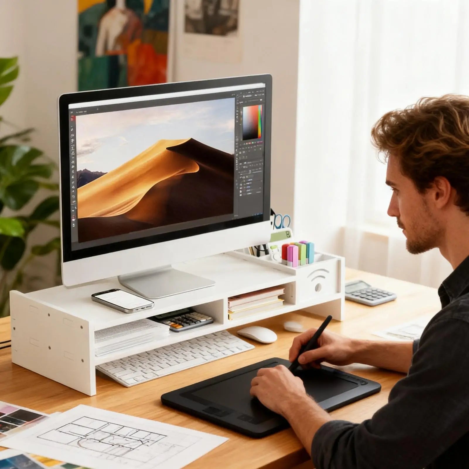 Soporte Elevador de Monitor de 2 Niveles con Almacenamiento - Organizador de Escritorio