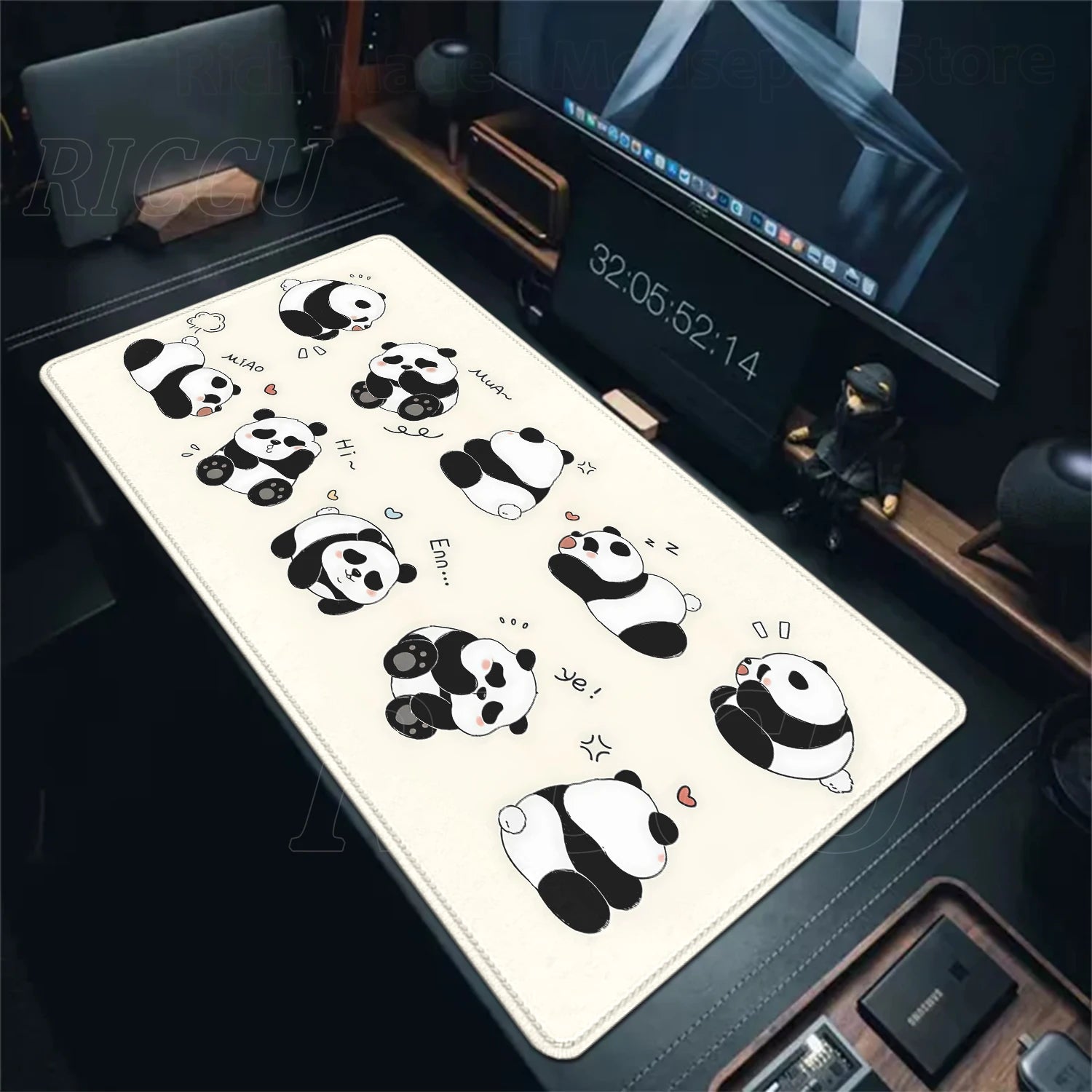 Alfombrilla Gaming XXL Panda Kawaii - Mouse Pad Grande con Bordes Cosidos