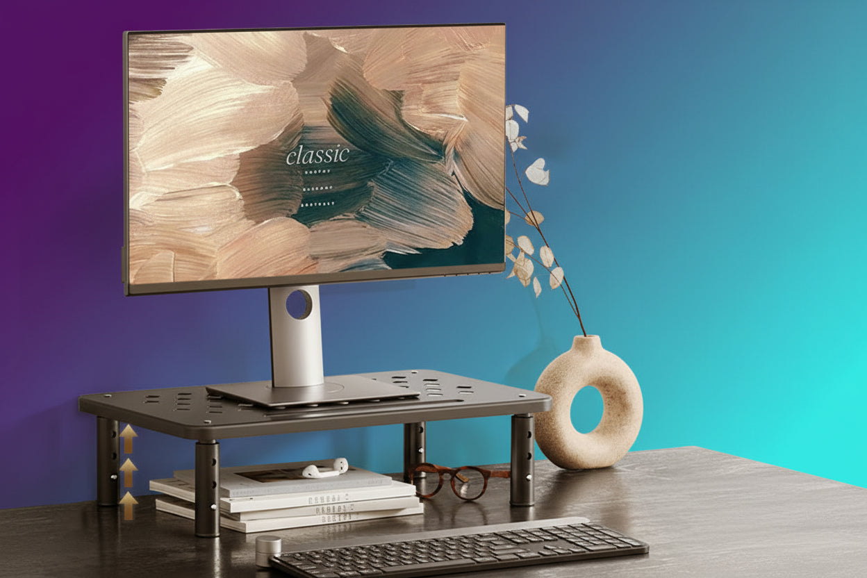 Soporte Elevador Ajustable para Monitor - Reduce la Tensión en el Cuello con Almacenamiento