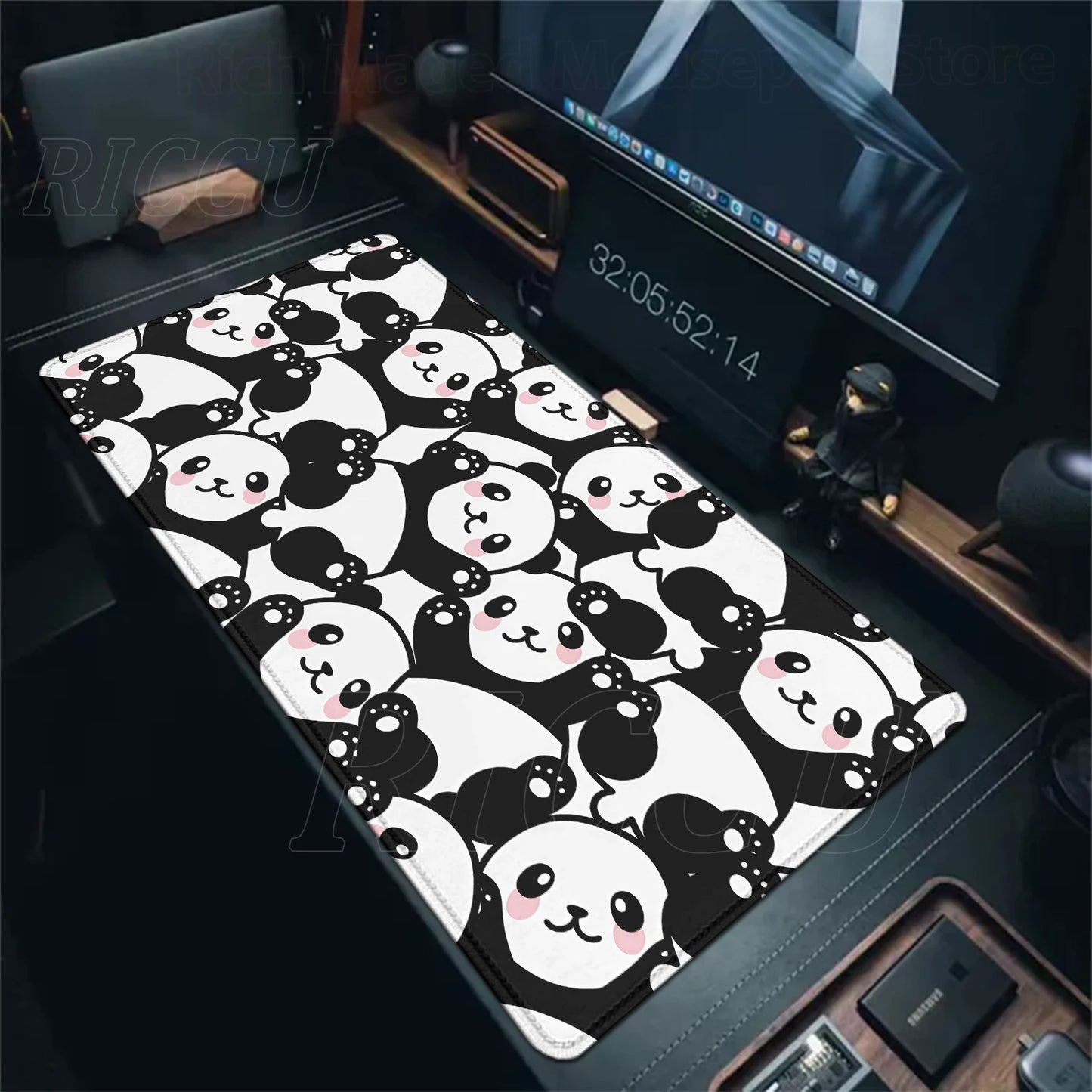 Alfombrilla Gaming XXL Panda Kawaii - Mouse Pad Grande con Bordes Cosidos