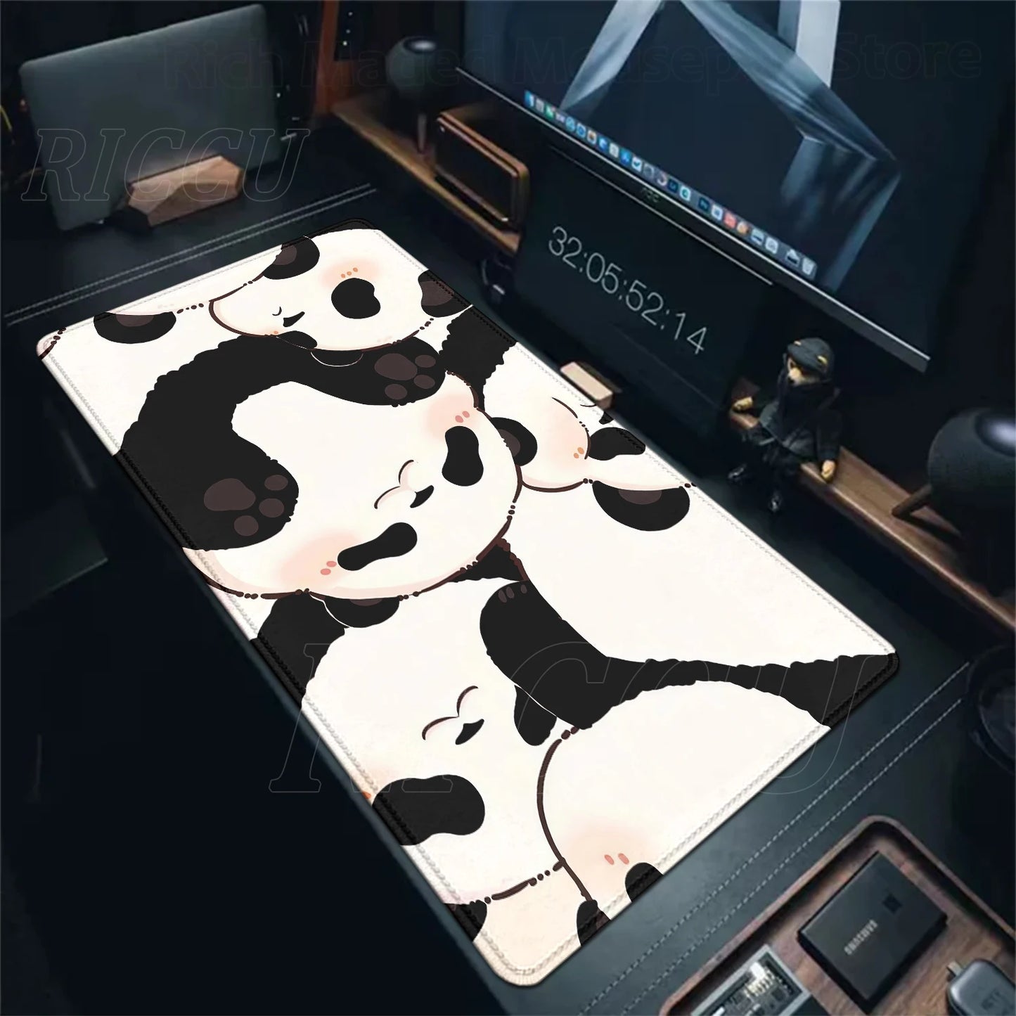 Alfombrilla Gaming XXL Panda Kawaii - Mouse Pad Grande con Bordes Cosidos