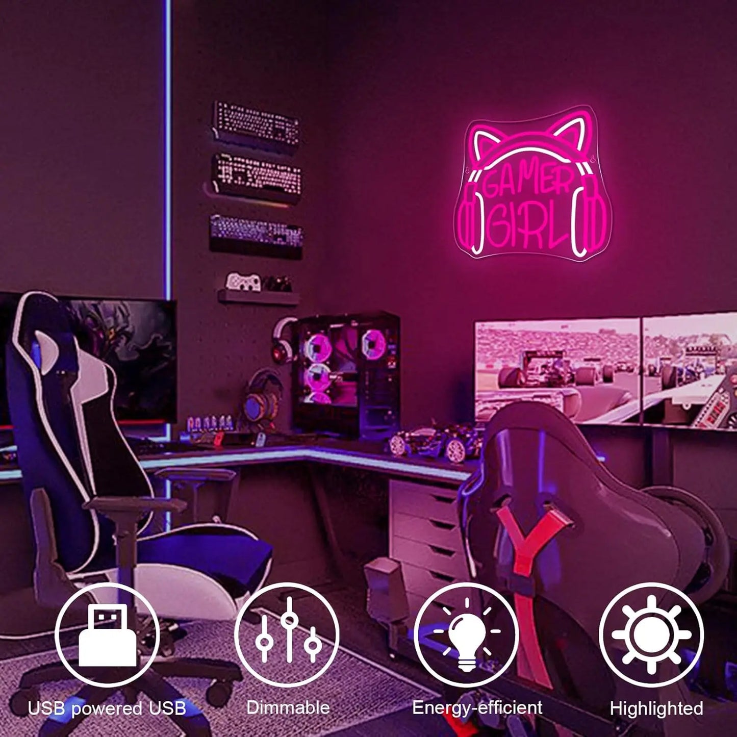 Neón LED Gamer Girl Gaming · Iluminación Setup Gaming
