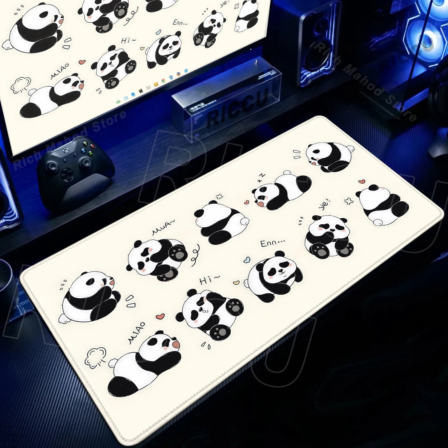 Alfombrilla Gaming XXL Panda Kawaii - Mouse Pad Grande con Bordes Cosidos