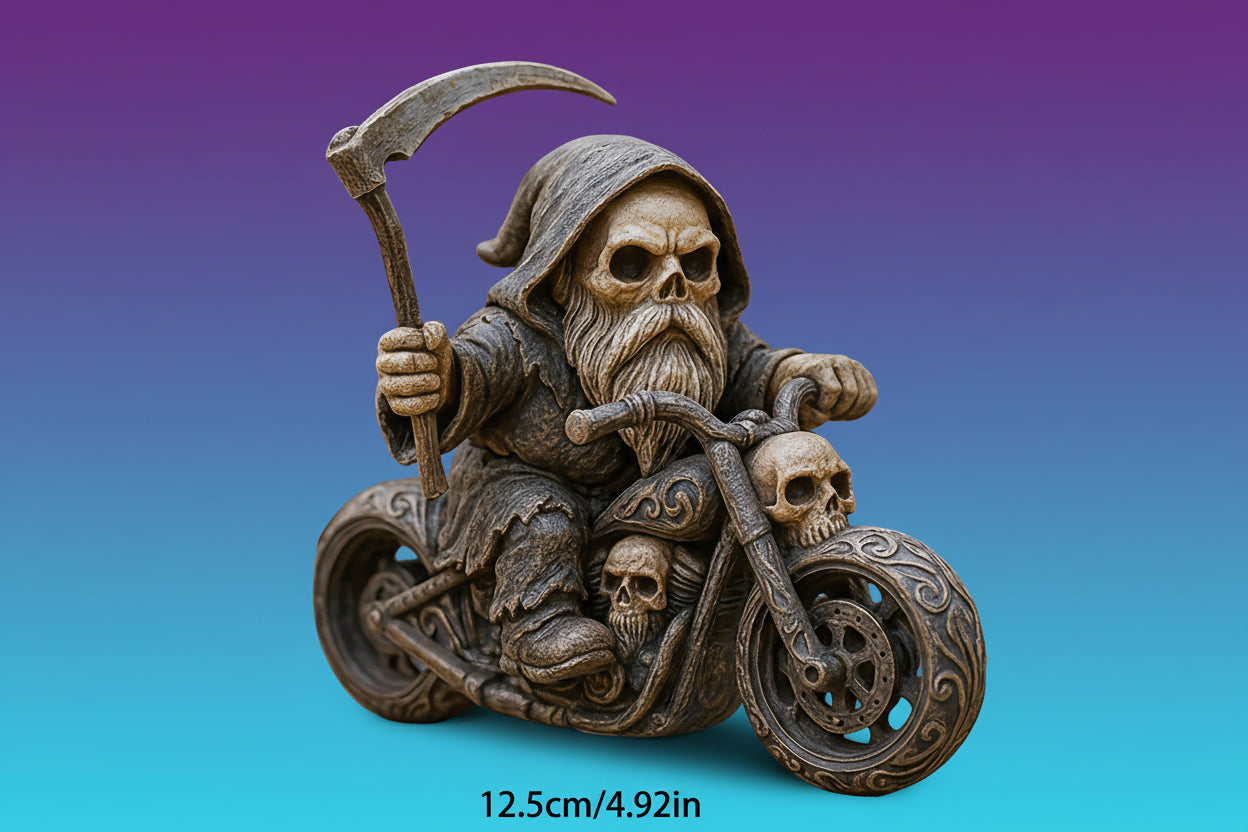 Figura Resina Esqueleto Motociclista Grim Reaper – Estatua Decorativa Dark para Escritorio y Jardín