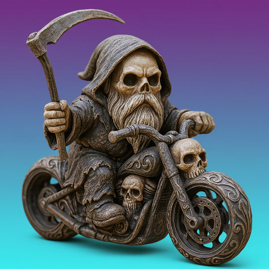 Figura Resina Esqueleto Motociclista Grim Reaper – Estatua Decorativa Dark para Escritorio y Jardín