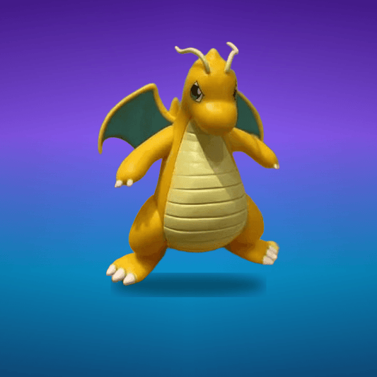 Figura Pokemon Dragonite vista lateral con fondo gradiente morado cian gaming