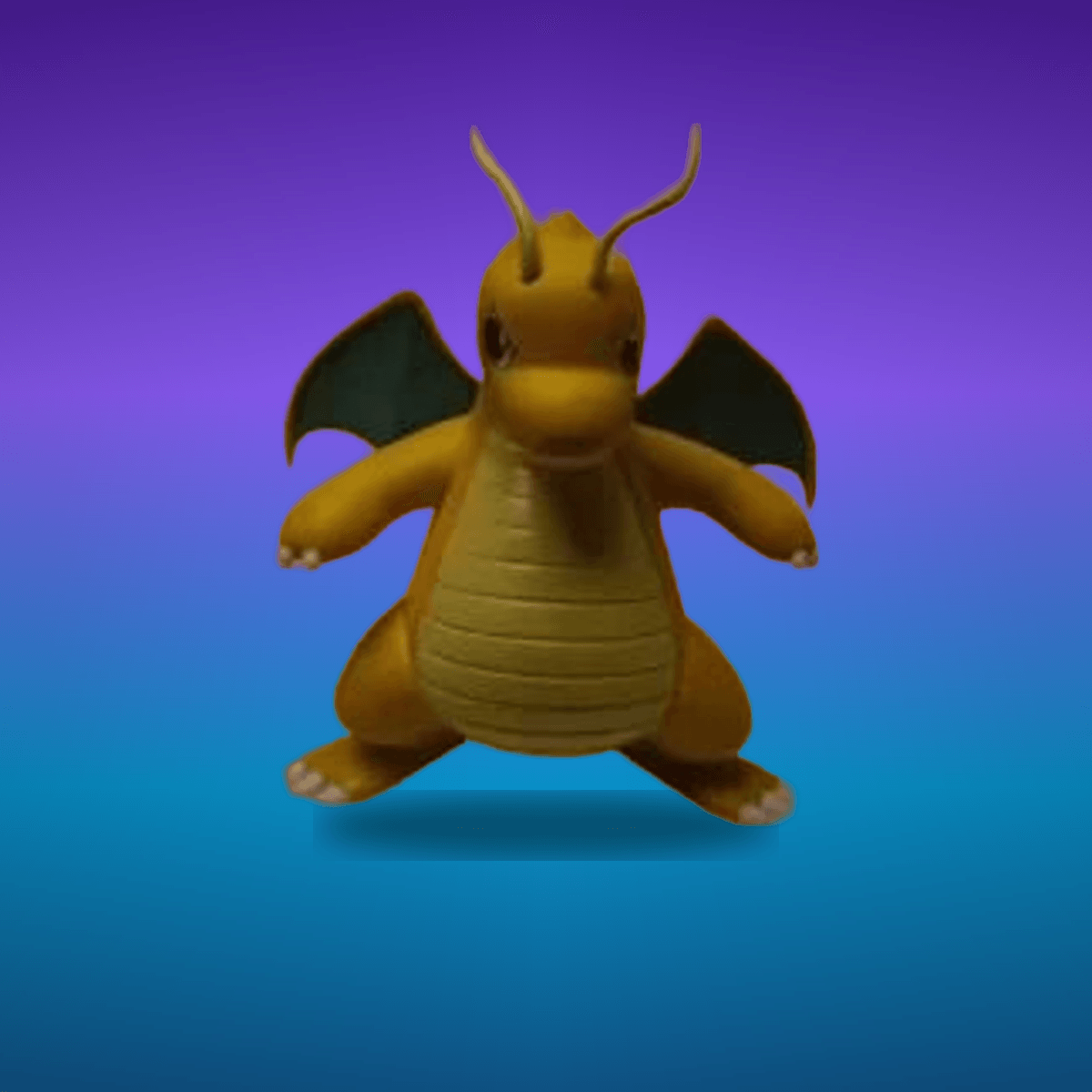 Figura Pokemon Dragonite vista frontal con fondo gradiente morado cian gaming